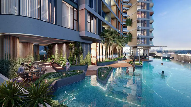 Bể bơi vô cực ngoài trời tại Luxora Vĩnh Yên - View toàn cảnh thành phố